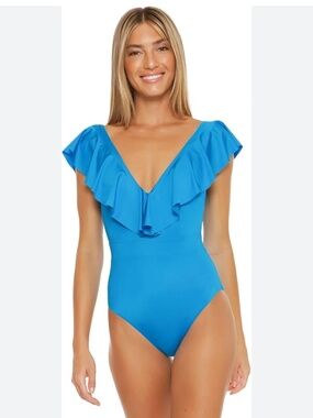 Trina Turk Blue Ruffled V-Neck Swimsuit Sz 12